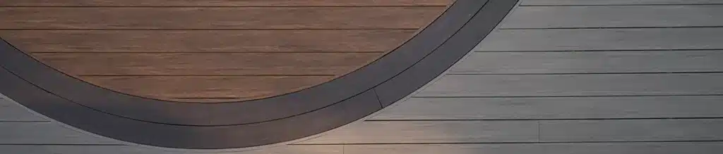 Curved composite decking TimberTech AZEK Vintage Collection in Coastline Mahogany Dark Hickory circular inlay