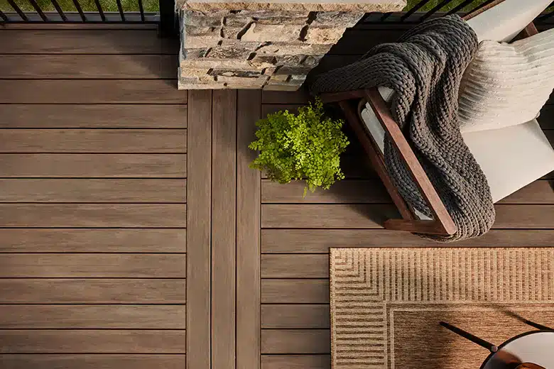 Overhead shot of a TimberTech deck with richly hued dark brown deck boards