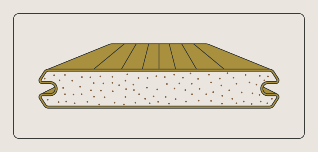 A bisected composite board shows 4-sided protective polymer capping wrapped around the decking core.